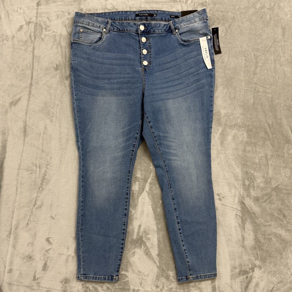 Tahari Amelia Button Fly Skinny Jeans Womens Plus 22W NWT Blue Rayon Blend Denim